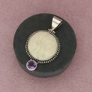 sterling silver bali amethyst & carved moon face pendant
